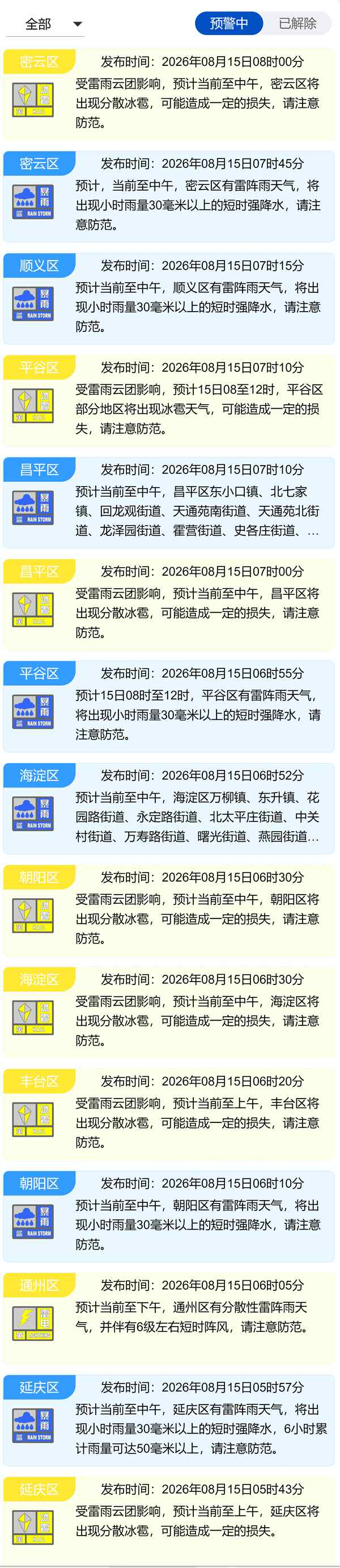 注意防范！“暴雨蓝色+冰雹黄色	”预警 北京七区双预警齐发